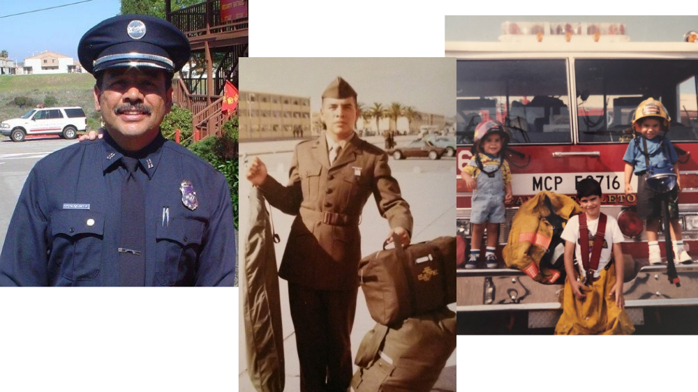 Brother in his Fire Captain's uniform, brother shipping out with the Marines in the 1960s, My sons on a fire truck when they were little